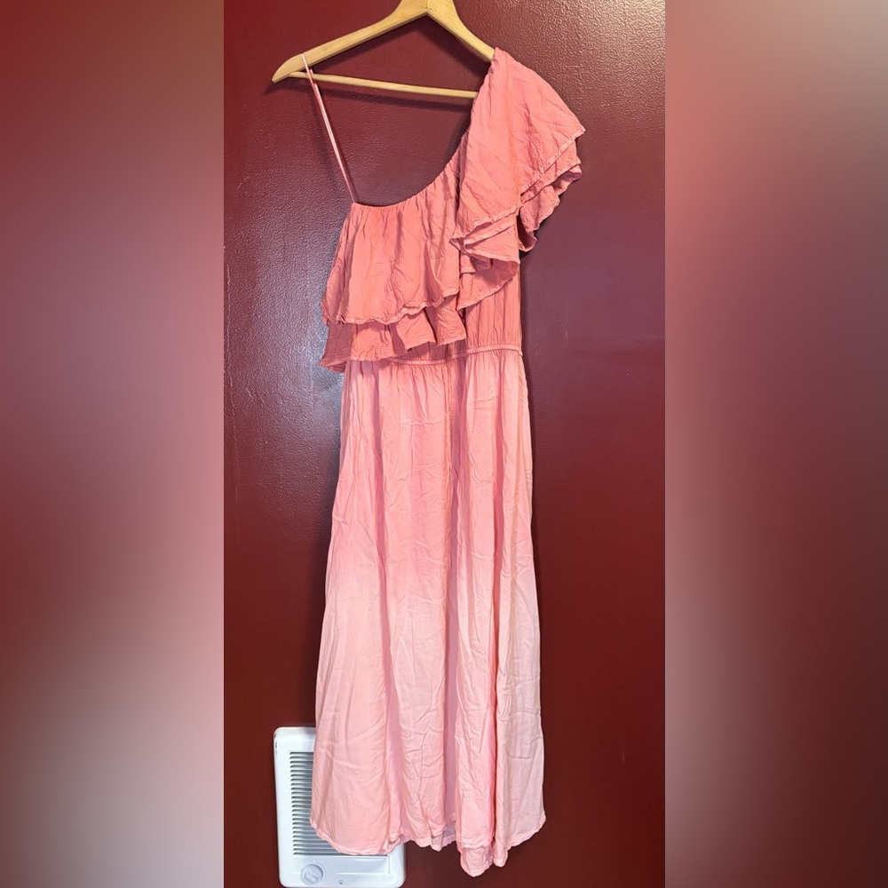 April Cornell Pink One-Shoulder Ruffle Midi Dress
